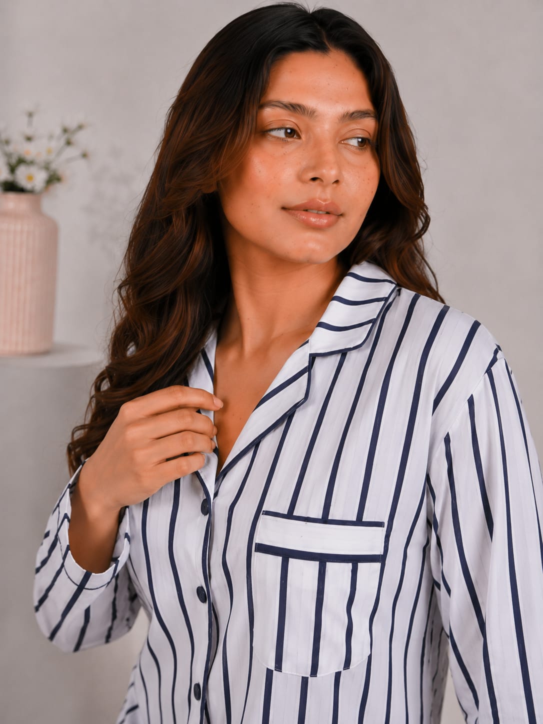 Nautical Line Luxury Linen Night Suit – Classic Navy Striped Full-Sleeve Loungewear Set