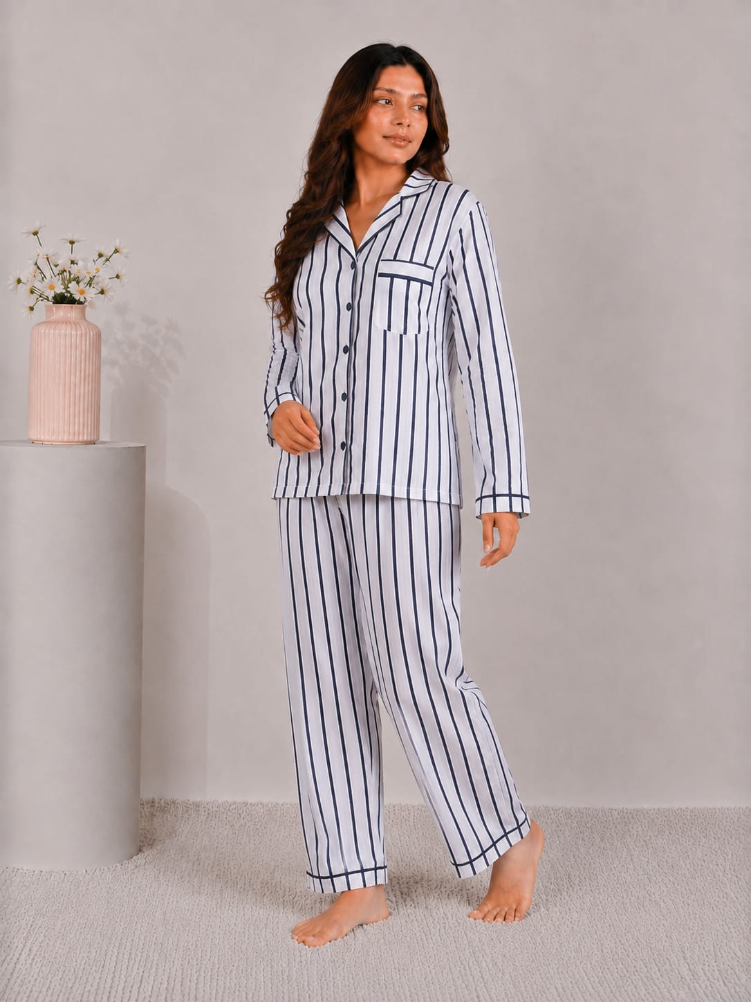 Nautical Line Luxury Linen Night Suit – Classic Navy Striped Full-Sleeve Loungewear Set