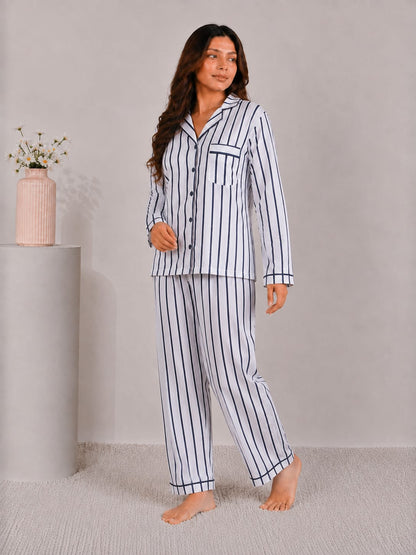 Nautical Line Luxury Linen Night Suit – Classic Navy Striped Full-Sleeve Loungewear Set