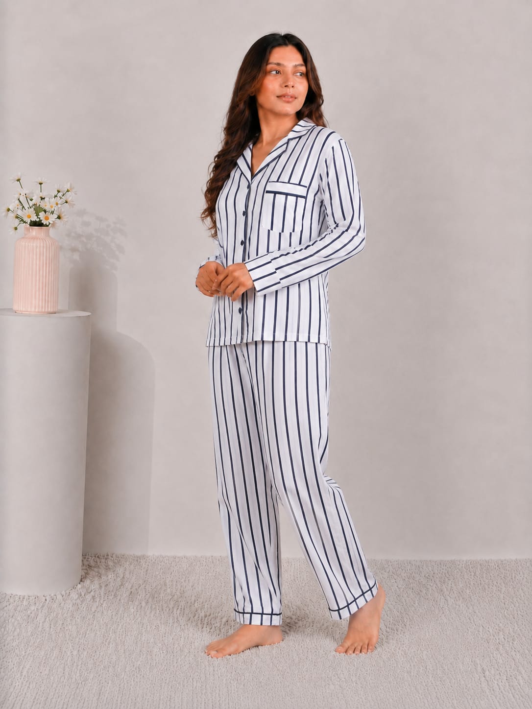 Nautical Line Luxury Linen Night Suit – Classic Navy Striped Full-Sleeve Loungewear Set