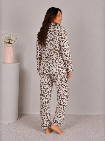 Wild Elegance Luxury Linen Night Suit – Classic Leopard Print Full-Sleeve Loungewear Set