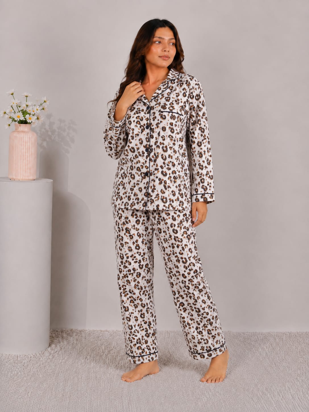 Wild Elegance Luxury Linen Night Suit – Classic Leopard Print Full-Sleeve Loungewear Set