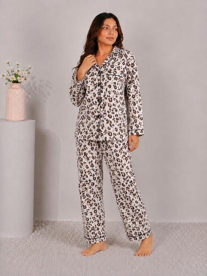 Wild Elegance Luxury Linen Night Suit – Classic Leopard Print Full-Sleeve Loungewear Set