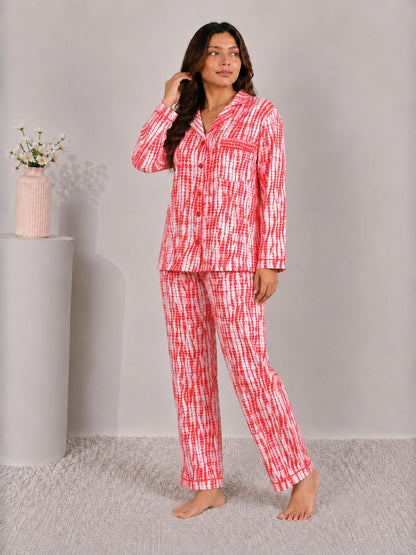 Crimson Ikat Luxury Linen Night Suit – Red & White Shibori Tie-Dye Loungewear Set