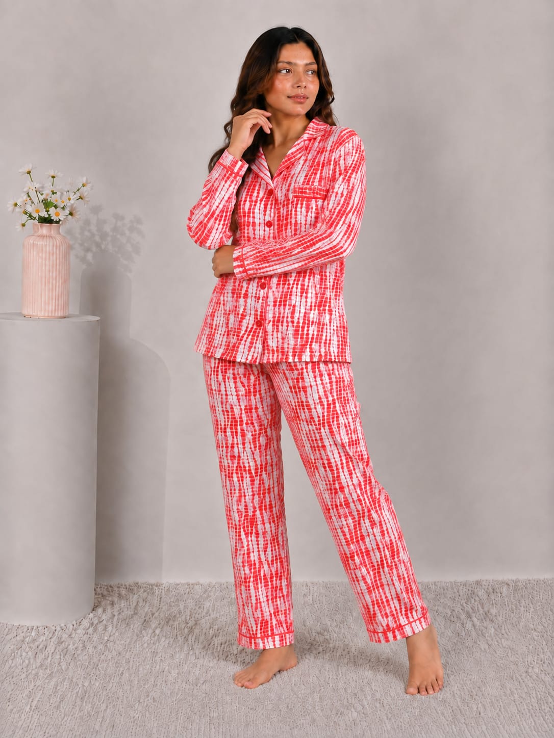 Crimson Ikat Luxury Linen Night Suit – Red & White Shibori Tie-Dye Loungewear Set