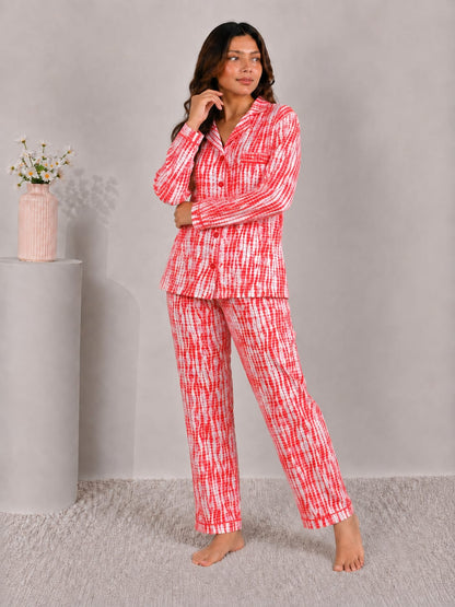 Crimson Ikat Luxury Linen Night Suit – Red & White Shibori Tie-Dye Loungewear Set