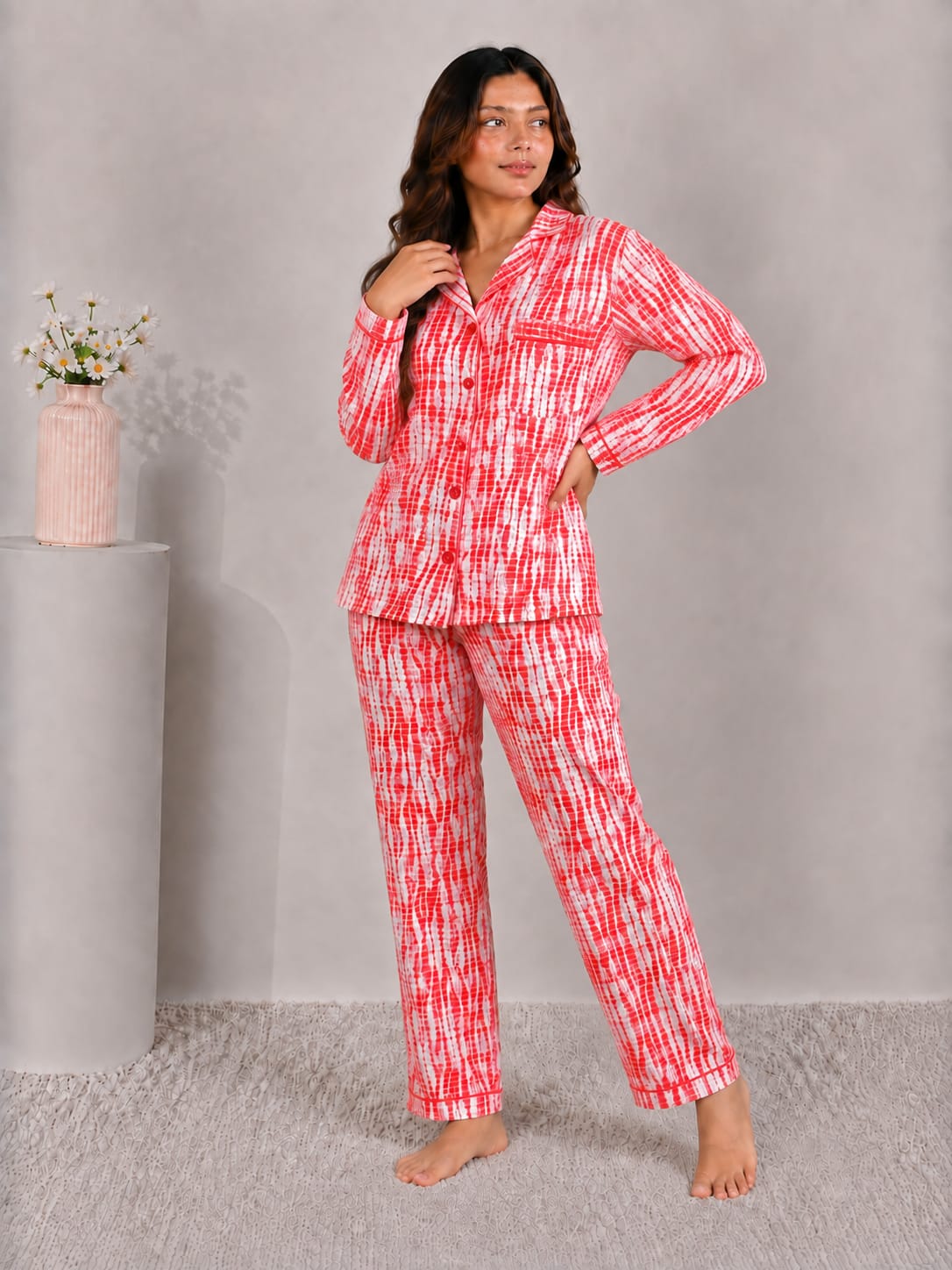 Crimson Ikat Luxury Linen Night Suit – Red & White Shibori Tie-Dye Loungewear Set