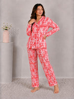 Crimson Ikat Luxury Linen Night Suit – Red & White Shibori Tie-Dye Loungewear Set