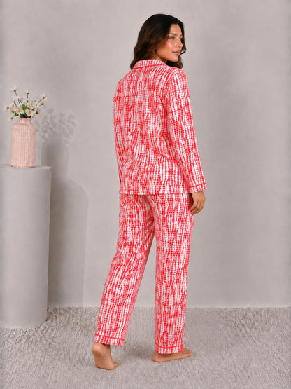 Crimson Ikat Luxury Linen Night Suit – Red & White Shibori Tie-Dye Loungewear Set