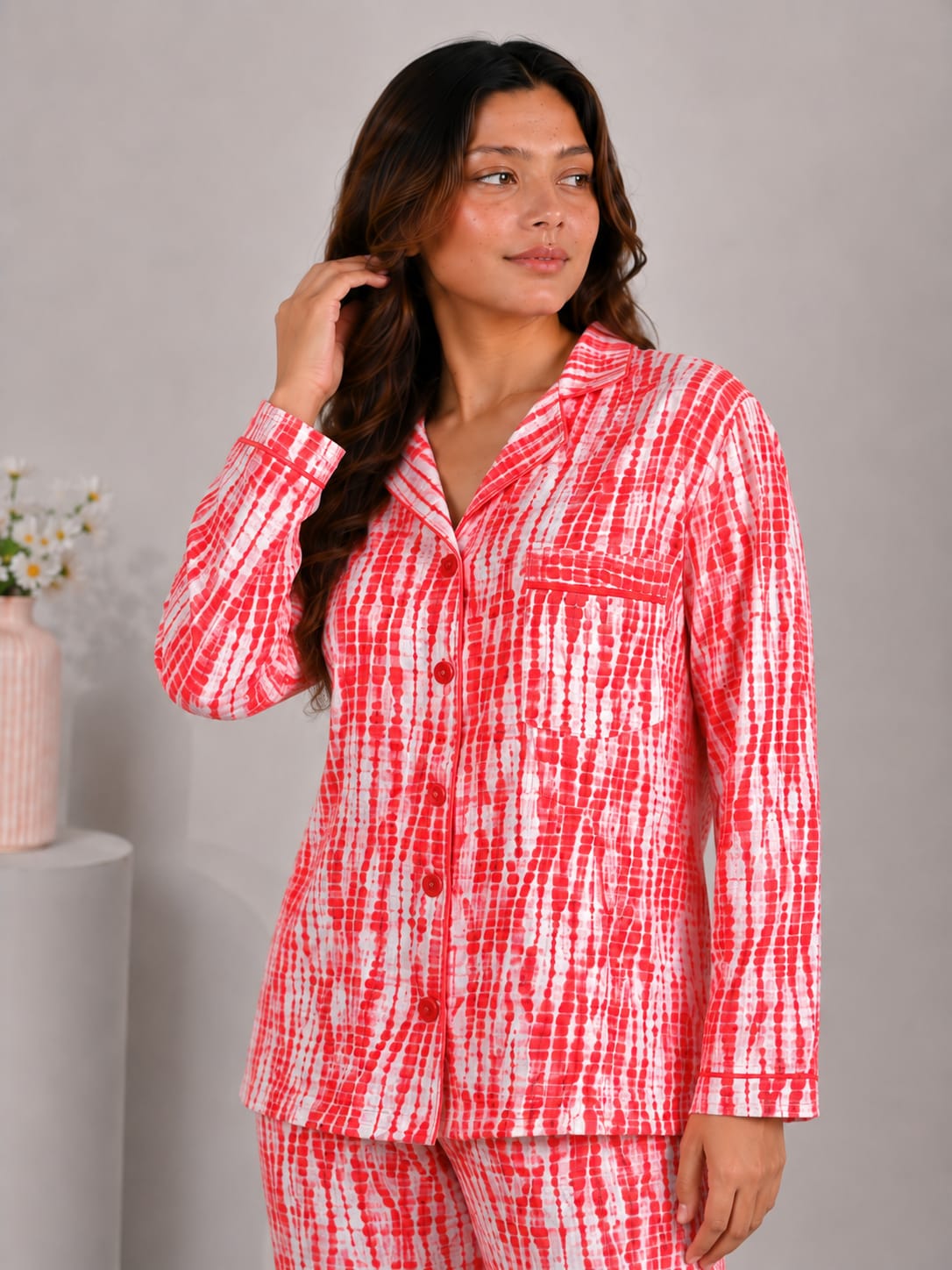Crimson Ikat Luxury Linen Night Suit – Red & White Shibori Tie-Dye Loungewear Set