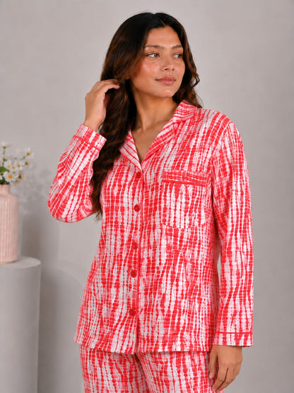 Crimson Ikat Luxury Linen Night Suit – Red & White Shibori Tie-Dye Loungewear Set