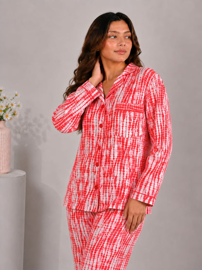 Crimson Ikat Luxury Linen Night Suit – Red & White Shibori Tie-Dye Loungewear Set