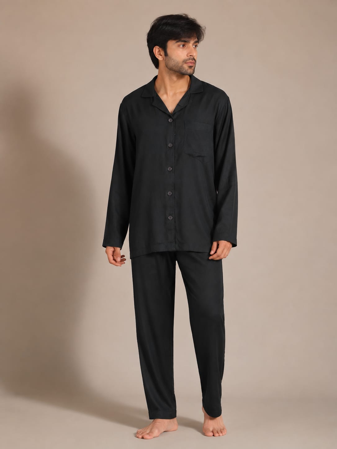 Onyx Night Luxury Linen Men’s Night Suit – Solid Black Notch Lapel Loungewear Set