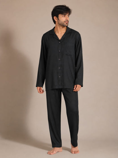 Onyx Night Luxury Linen Men’s Night Suit – Solid Black Notch Lapel Loungewear Set
