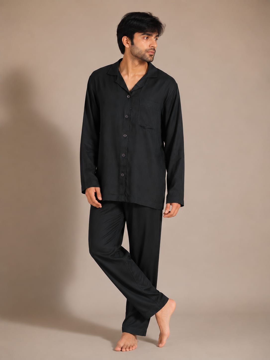 Onyx Night Luxury Linen Men’s Night Suit – Solid Black Notch Lapel Loungewear Set