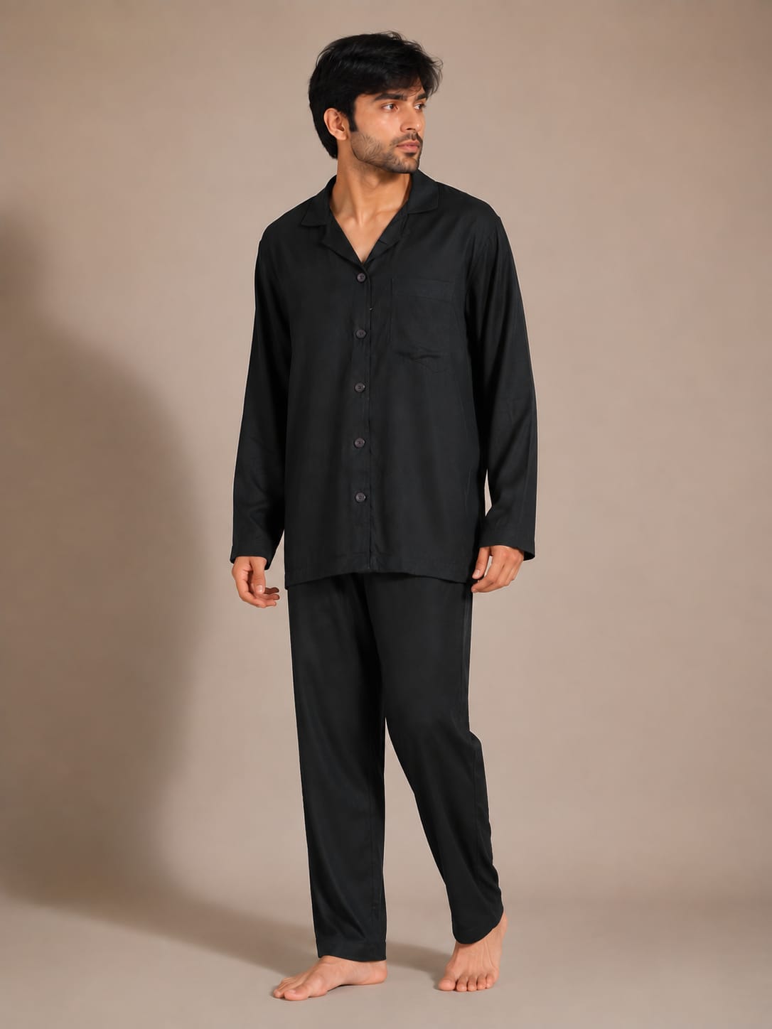 Onyx Night Luxury Linen Men’s Night Suit – Solid Black Notch Lapel Loungewear Set