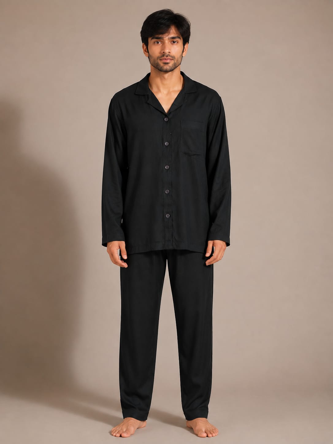 Onyx Night Luxury Linen Men’s Night Suit – Solid Black Notch Lapel Loungewear Set