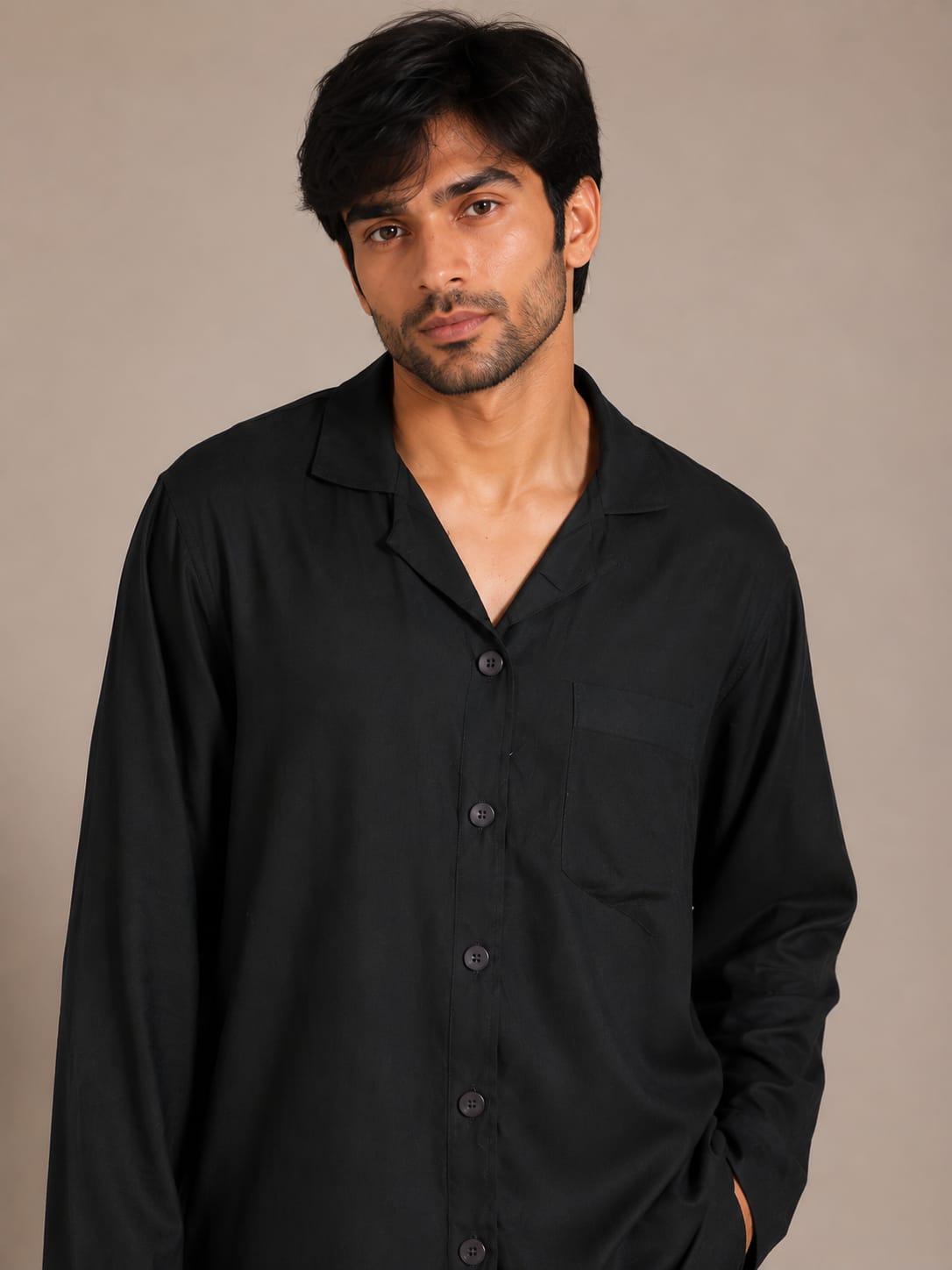 Onyx Night Luxury Linen Men’s Night Suit – Solid Black Notch Lapel Loungewear Set