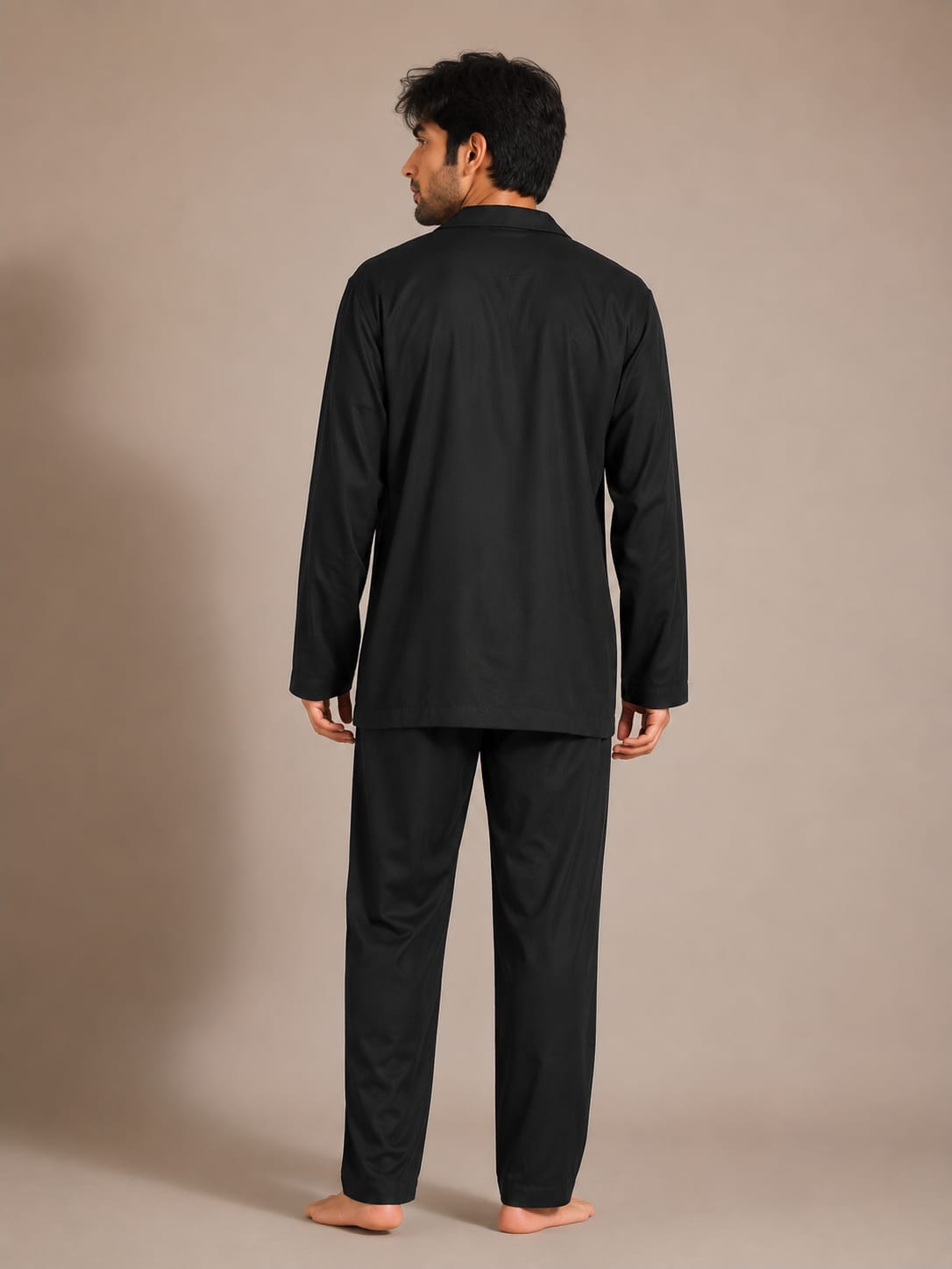 Onyx Night Luxury Linen Men’s Night Suit – Solid Black Notch Lapel Loungewear Set