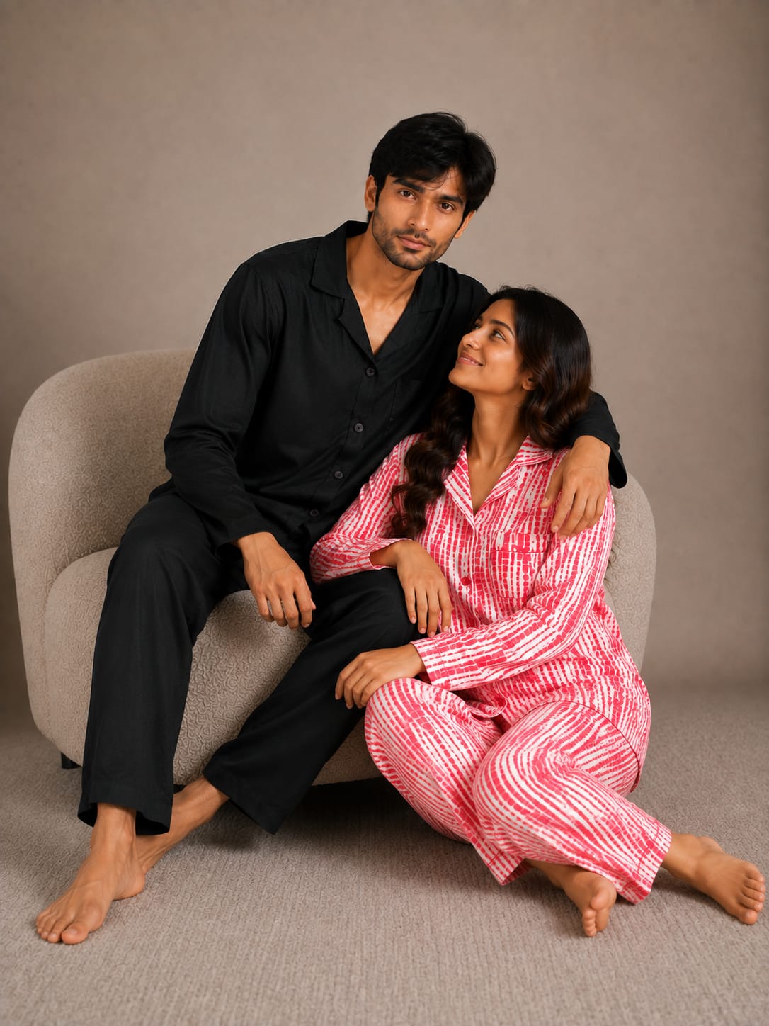 Onyx Night & Crimson Ikat Couples Luxury Linen Night Suit Set – Matching His & Hers Loungewear