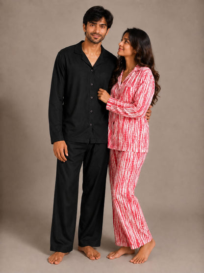 Onyx Night & Crimson Ikat Couples Luxury Linen Night Suit Set – Matching His & Hers Loungewear