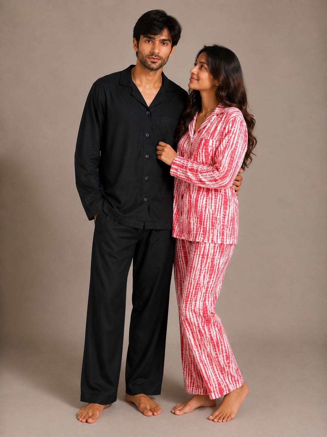 Onyx Night & Crimson Ikat Couples Luxury Linen Night Suit Set – Matching His & Hers Loungewear