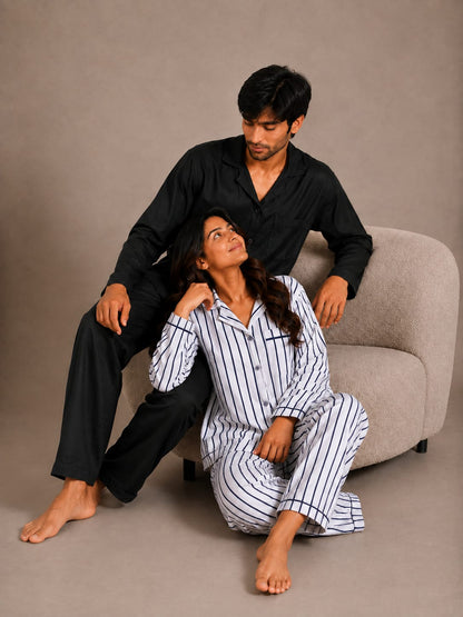 Onyx Night & Nautical Line Couples Luxury Linen Night Suit Set – Matching His & Hers Loungewear