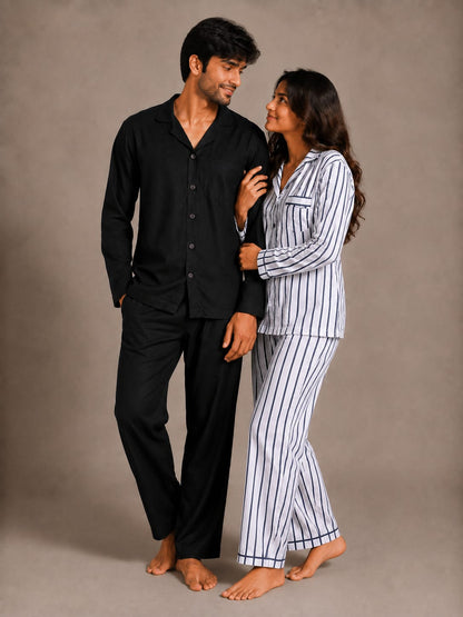 Onyx Night & Nautical Line Couples Luxury Linen Night Suit Set – Matching His & Hers Loungewear