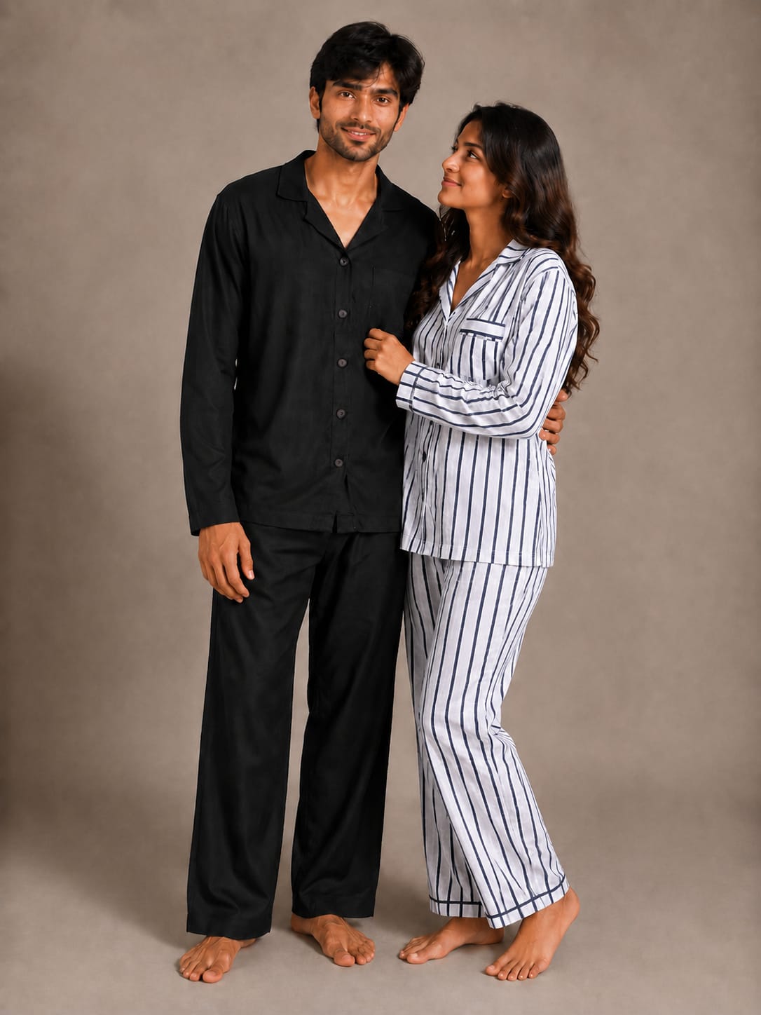 Onyx Night & Nautical Line Couples Luxury Linen Night Suit Set – Matching His & Hers Loungewear