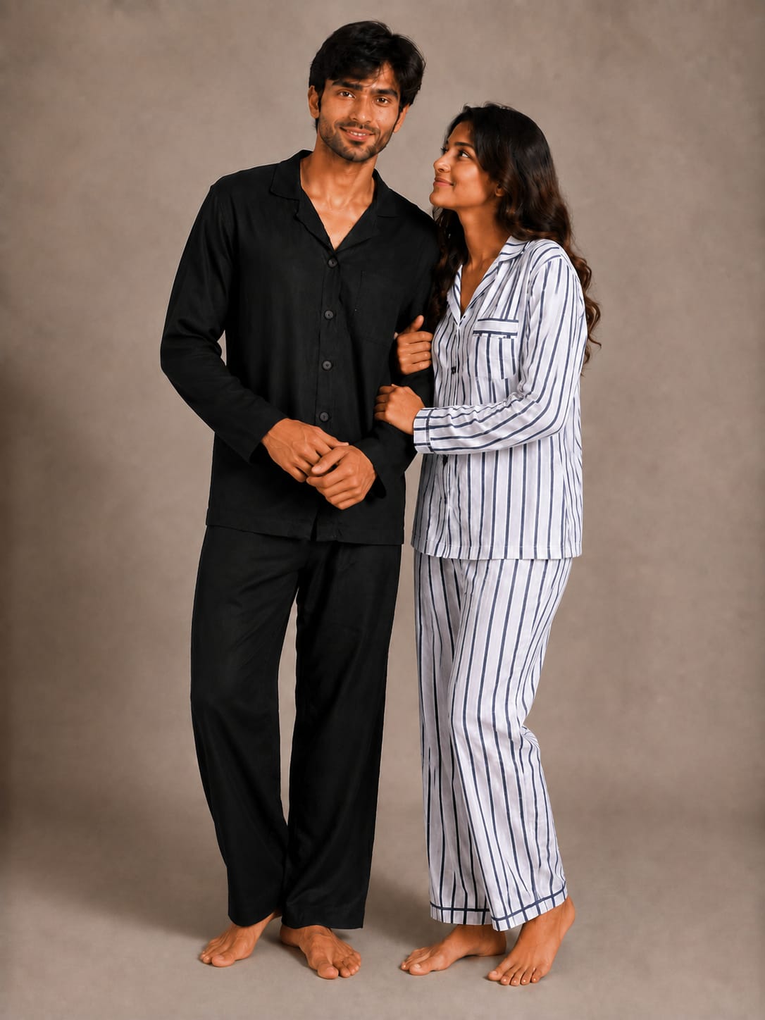 Onyx Night & Nautical Line Couples Luxury Linen Night Suit Set – Matching His & Hers Loungewear