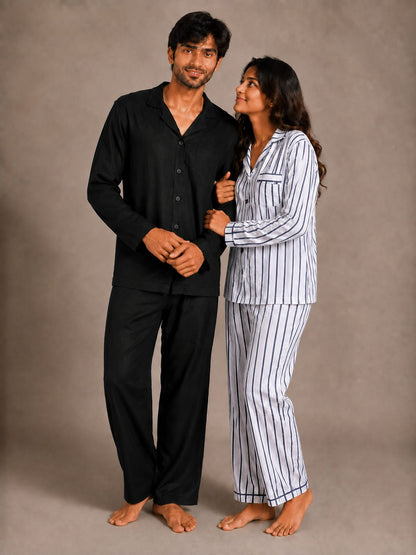 Onyx Night & Nautical Line Couples Luxury Linen Night Suit Set – Matching His & Hers Loungewear