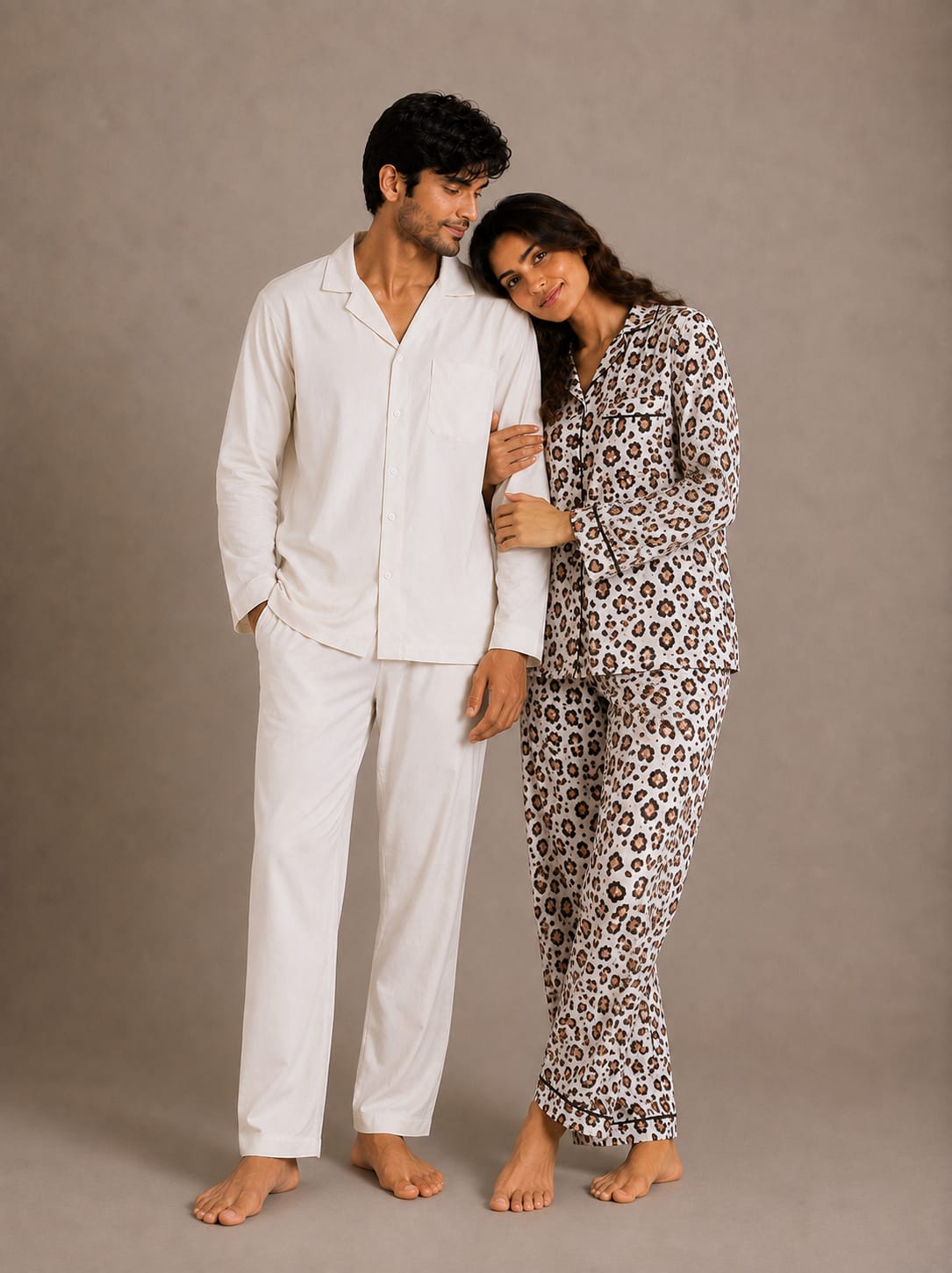 Wild Elegance & Ivory Solace Couples Luxury Linen Night Suit Set – Matching His & Hers Loungewear