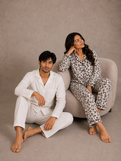 Wild Elegance & Ivory Solace Couples Luxury Linen Night Suit Set – Matching His & Hers Loungewear