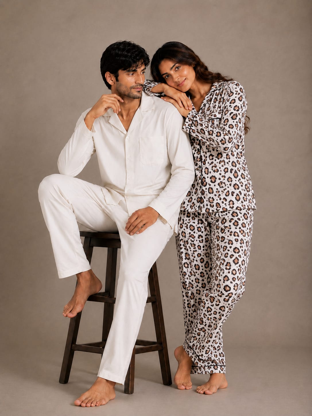 Wild Elegance & Ivory Solace Couples Luxury Linen Night Suit Set – Matching His & Hers Loungewear