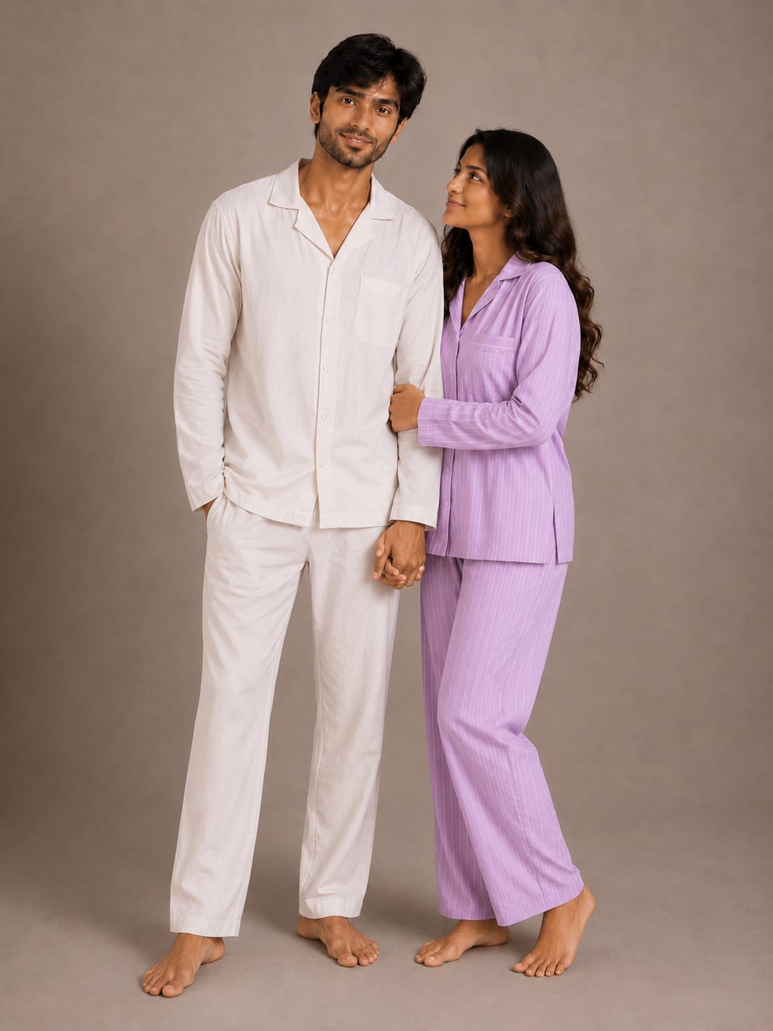 Lavender Whisper & Ivory Solace Couples Luxury Linen Night Suit Set – Matching His & Hers Loungewear