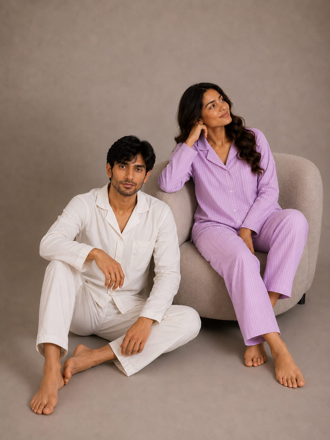 Lavender Whisper & Ivory Solace Couples Luxury Linen Night Suit Set – Matching His & Hers Loungewear