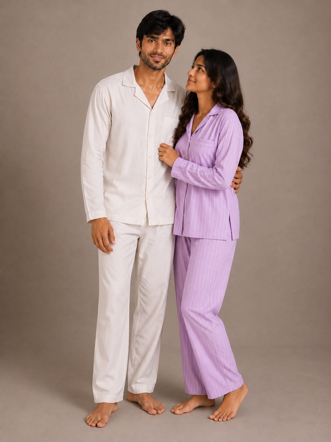 Lavender Whisper & Ivory Solace Couples Luxury Linen Night Suit Set – Matching His & Hers Loungewear