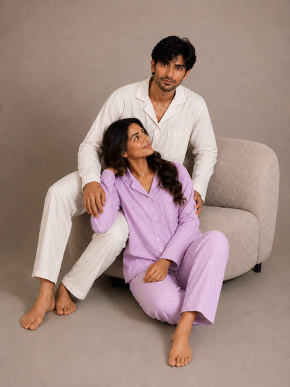 Lavender Whisper & Ivory Solace Couples Luxury Linen Night Suit Set – Matching His & Hers Loungewear