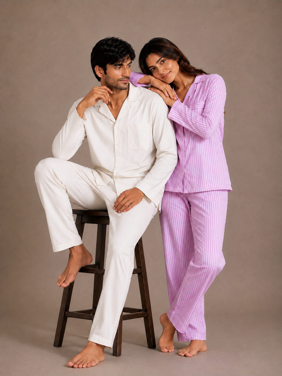 Lavender Whisper & Ivory Solace Couples Luxury Linen Night Suit Set – Matching His & Hers Loungewear