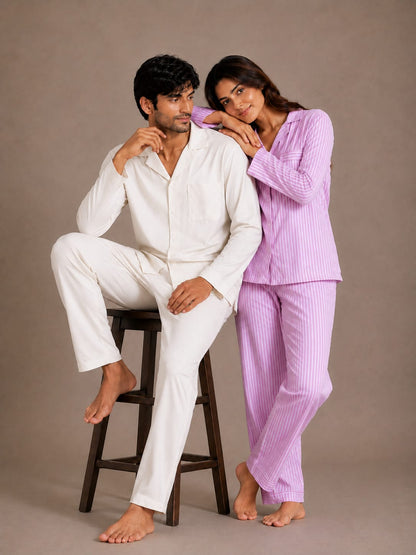 Lavender Whisper & Ivory Solace Couples Luxury Linen Night Suit Set – Matching His & Hers Loungewear