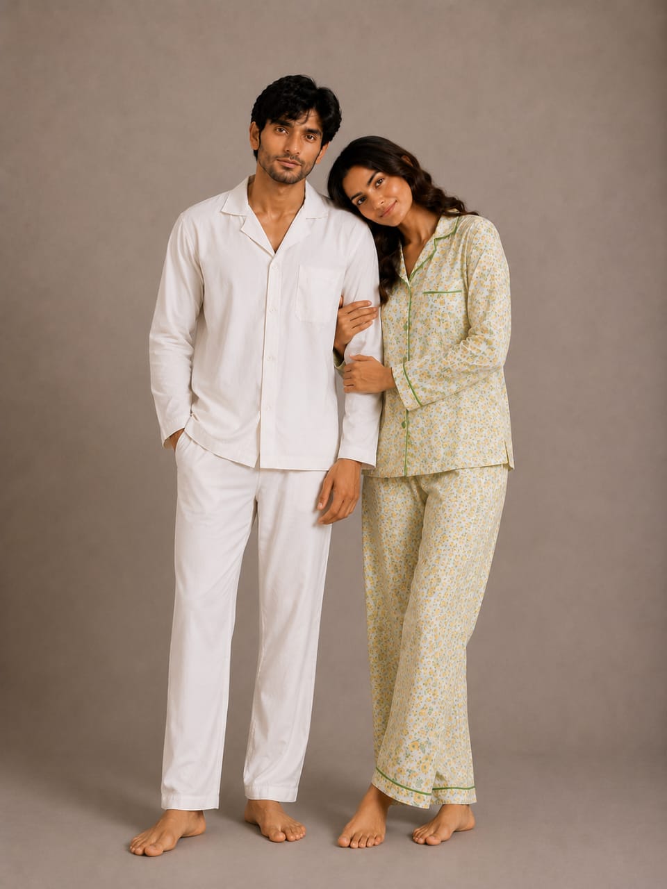 Golden Blossom & Ivory Solace Couples Luxury Linen Night Suit Set – Matching His & Hers Loungewear