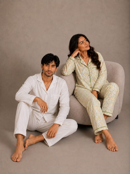 Golden Blossom & Ivory Solace Couples Luxury Linen Night Suit Set – Matching His & Hers Loungewear