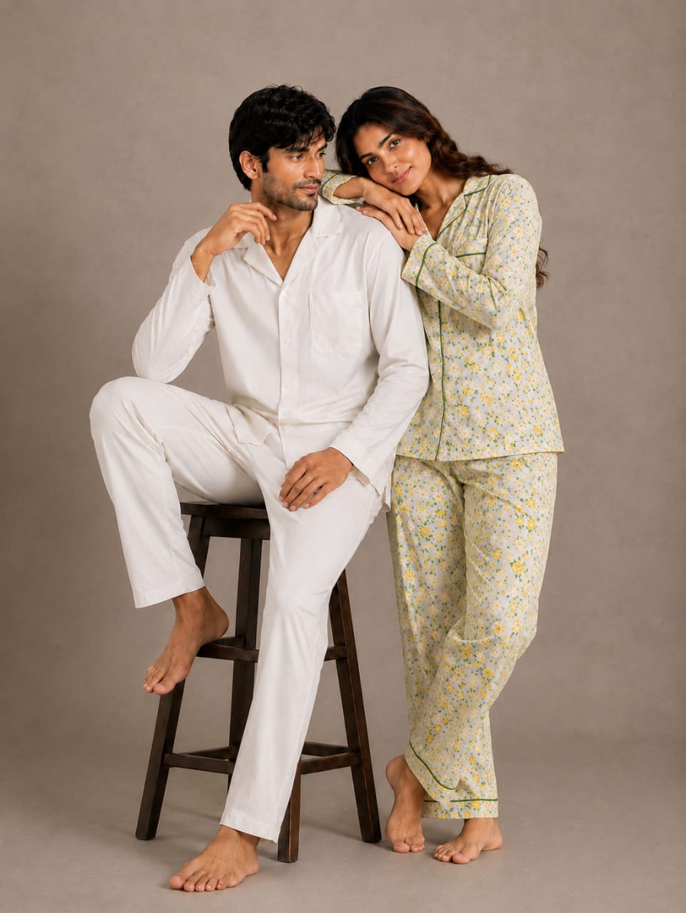 Golden Blossom & Ivory Solace Couples Luxury Linen Night Suit Set – Matching His & Hers Loungewear
