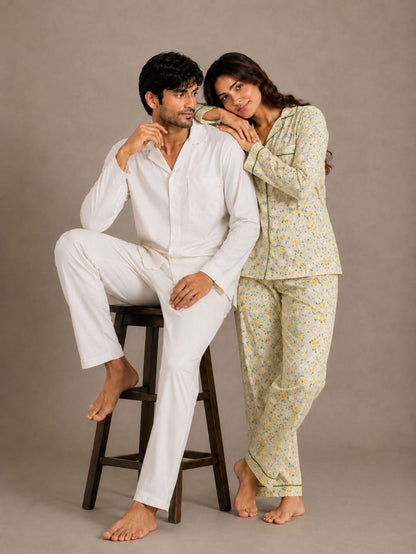 Golden Blossom & Ivory Solace Couples Luxury Linen Night Suit Set – Matching His & Hers Loungewear