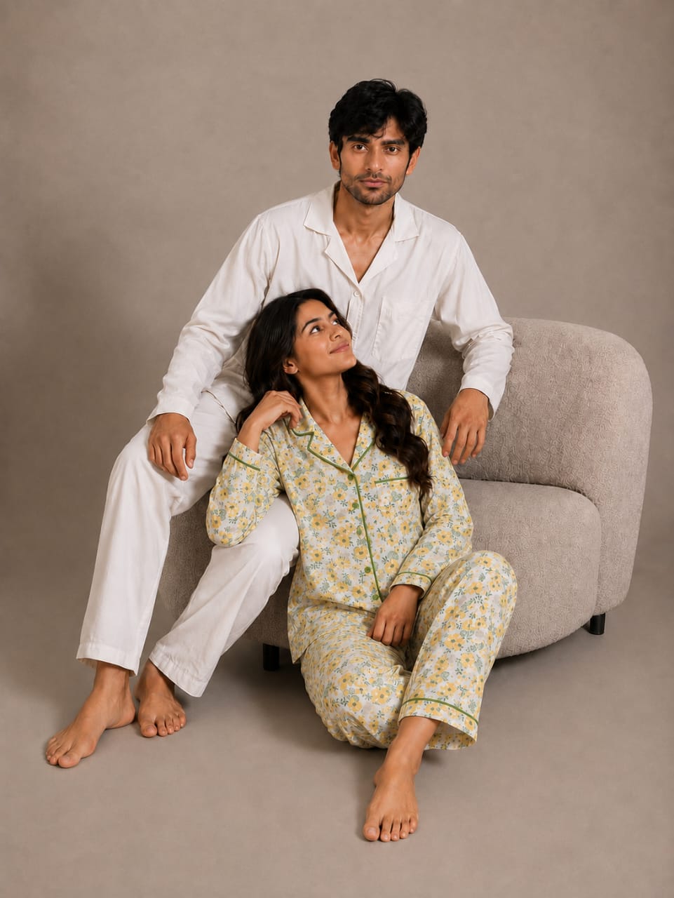Golden Blossom & Ivory Solace Couples Luxury Linen Night Suit Set – Matching His & Hers Loungewear