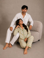 Golden Blossom & Ivory Solace Couples Luxury Linen Night Suit Set – Matching His & Hers Loungewear