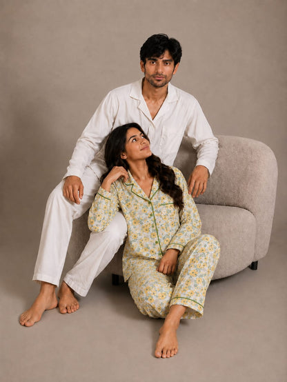 Golden Blossom & Ivory Solace Couples Luxury Linen Night Suit Set – Matching His & Hers Loungewear