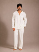 Ivory Breeze Luxury Linen Men’s Night Suit – Solid Off-White Cuban Collar Loungewear Shirt Set
