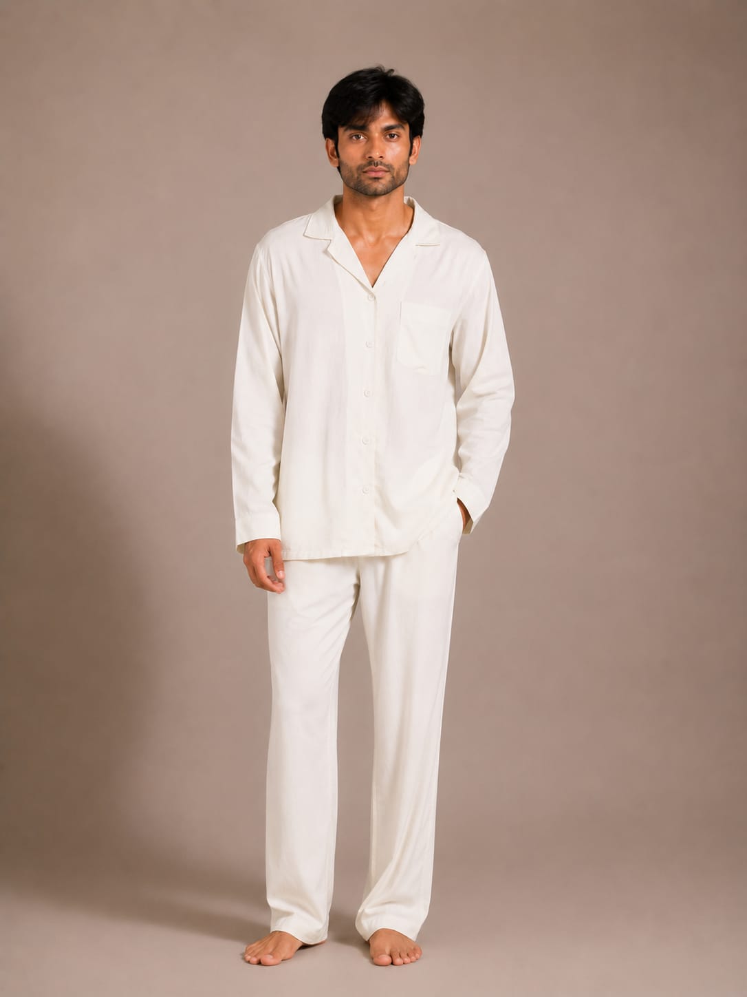 Ivory Breeze Luxury Linen Men’s Night Suit – Solid Off-White Cuban Collar Loungewear Shirt Set