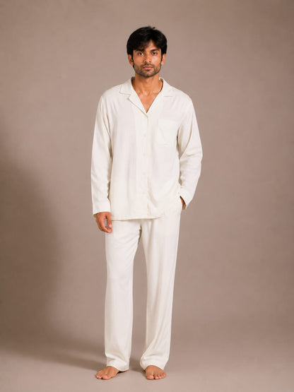 Ivory Breeze Luxury Linen Men’s Night Suit – Solid Off-White Cuban Collar Loungewear Shirt Set